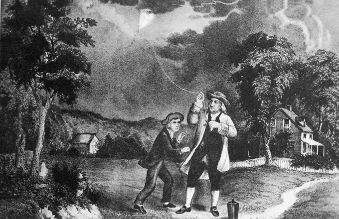 An 1876 illustration of Benjamin Franklin's 1752 experiment in which he allegedly flew a kite during a lightening storm. His son William cowers beside him.